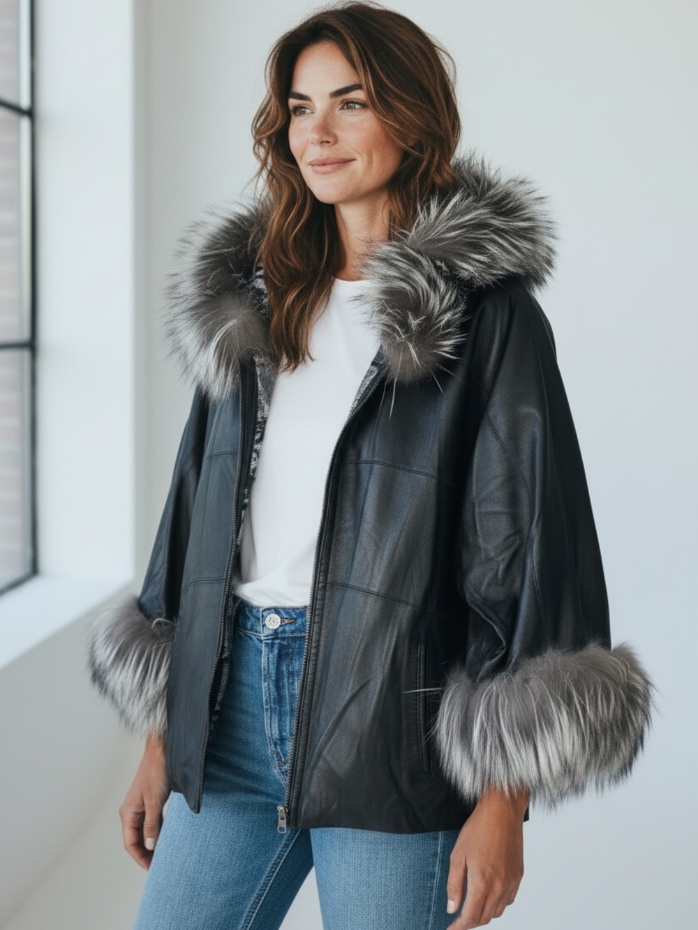 Black Leather Hooded Jacket with Silver Fox Fur Trim and Cuffs